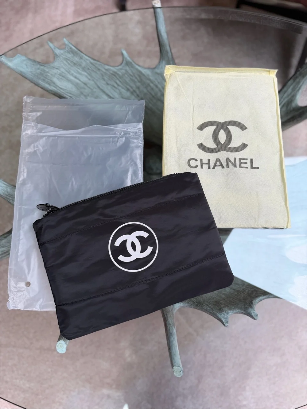 Chanel Black Nylon Logo Gift with Purchase Makeup Jewelry Zip Pouch Bag CC Tag